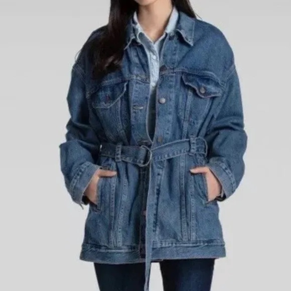 #B7 Levis Belted Trucker Jacket Sz S Oversized Drop Shoulder Boyrfriend Style - Picture 10 of 12